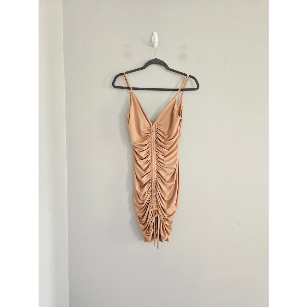 Tiger Mist Tan Bodycon Runched Mini Dress M - Picture 2 of 4